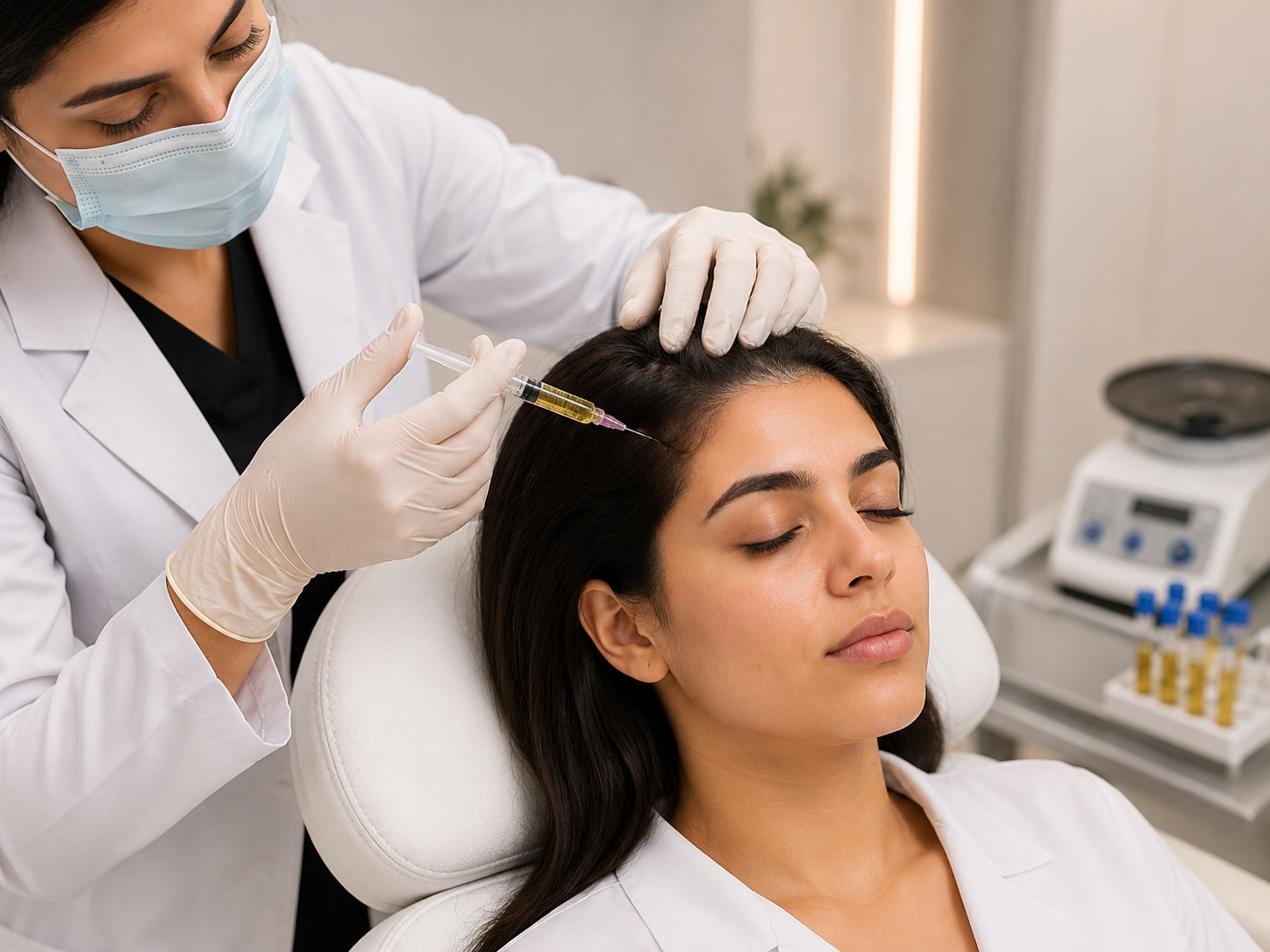 Medical professional in a mask and gloves performing a scalp injection treatment on a relaxed female patient reclining in a modern clinic chair.