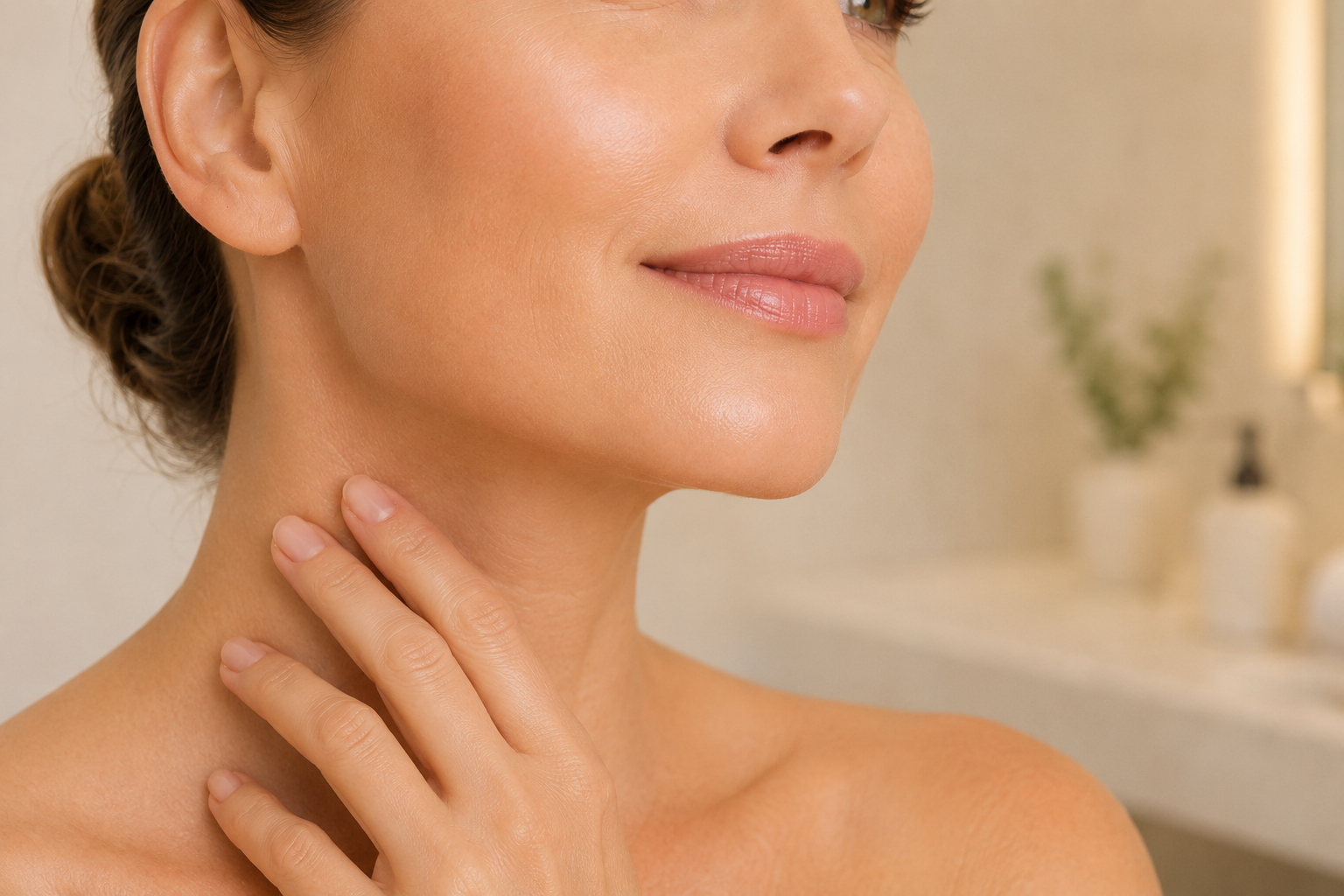 General Skin Rejuvenation Woman with radiant rejuvenated skin on the face, jawline and neck