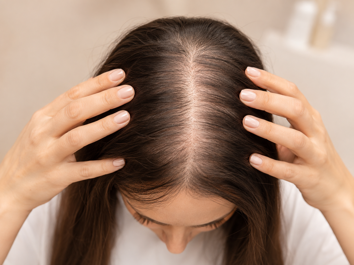 Crown and Parting Area Top view of a woman separating her hair to show a widened centre part and thinning around the crown.