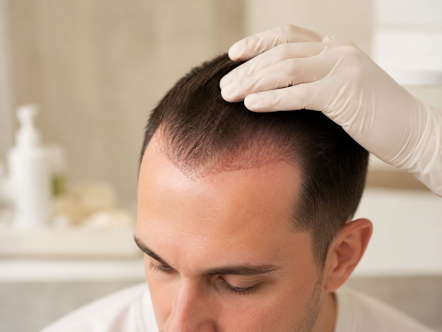 Post Hair Transplant Support Clinician wearing gloves gently examining a patient’s healing hairline after a hair transplant.
