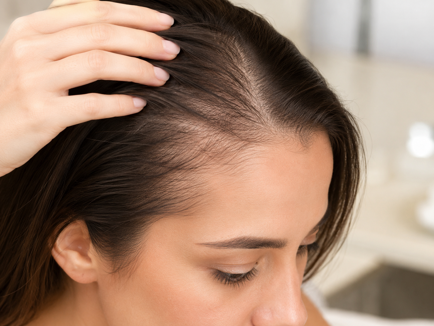 Early Hair Thinning Woman gently parting her hair to reveal mild thinning around the front hairline and scalp.