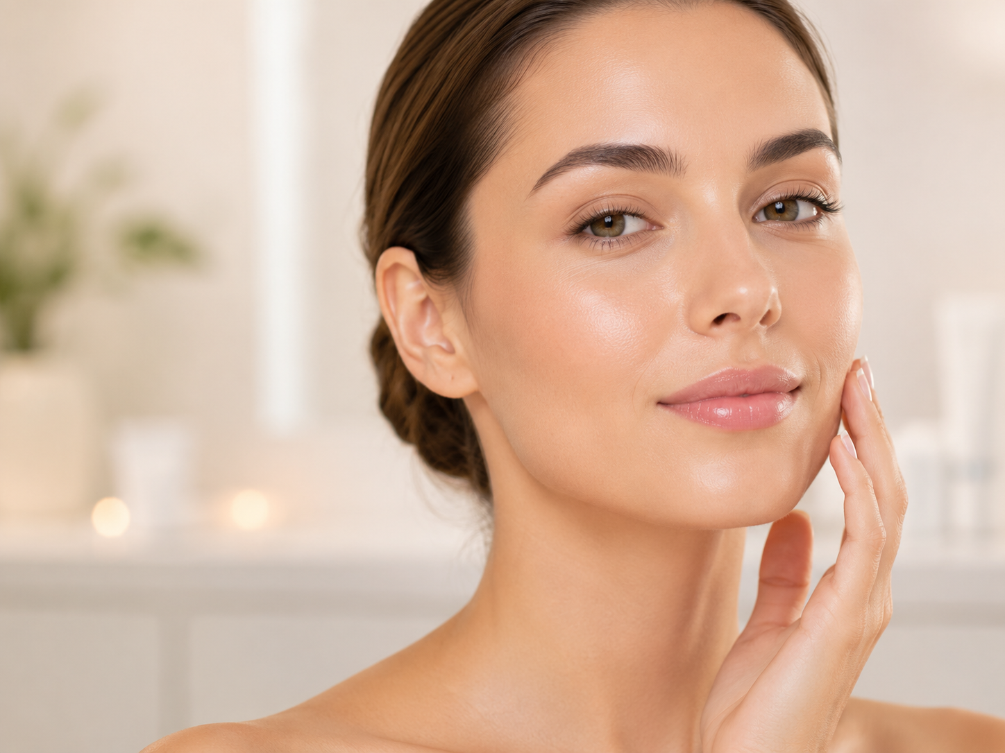 Face Woman with smooth, glowing facial skin gently touching her cheek.
