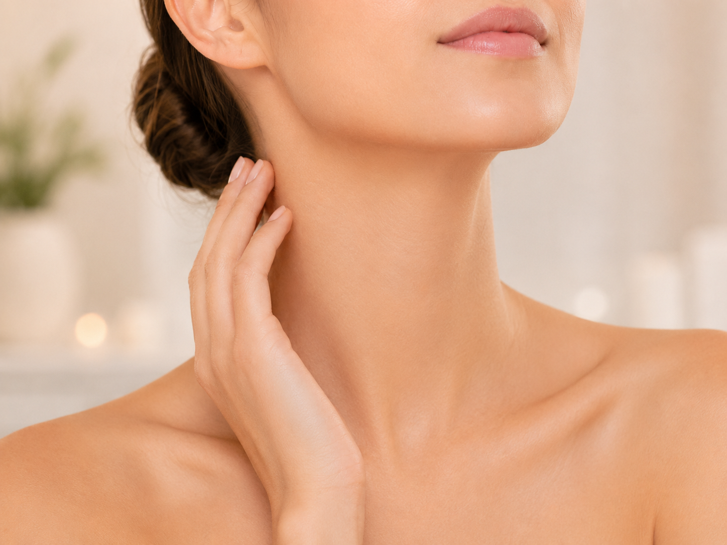 Neck Close-up of a woman’s smooth neck and jawline with her hand resting gently on the skin.
