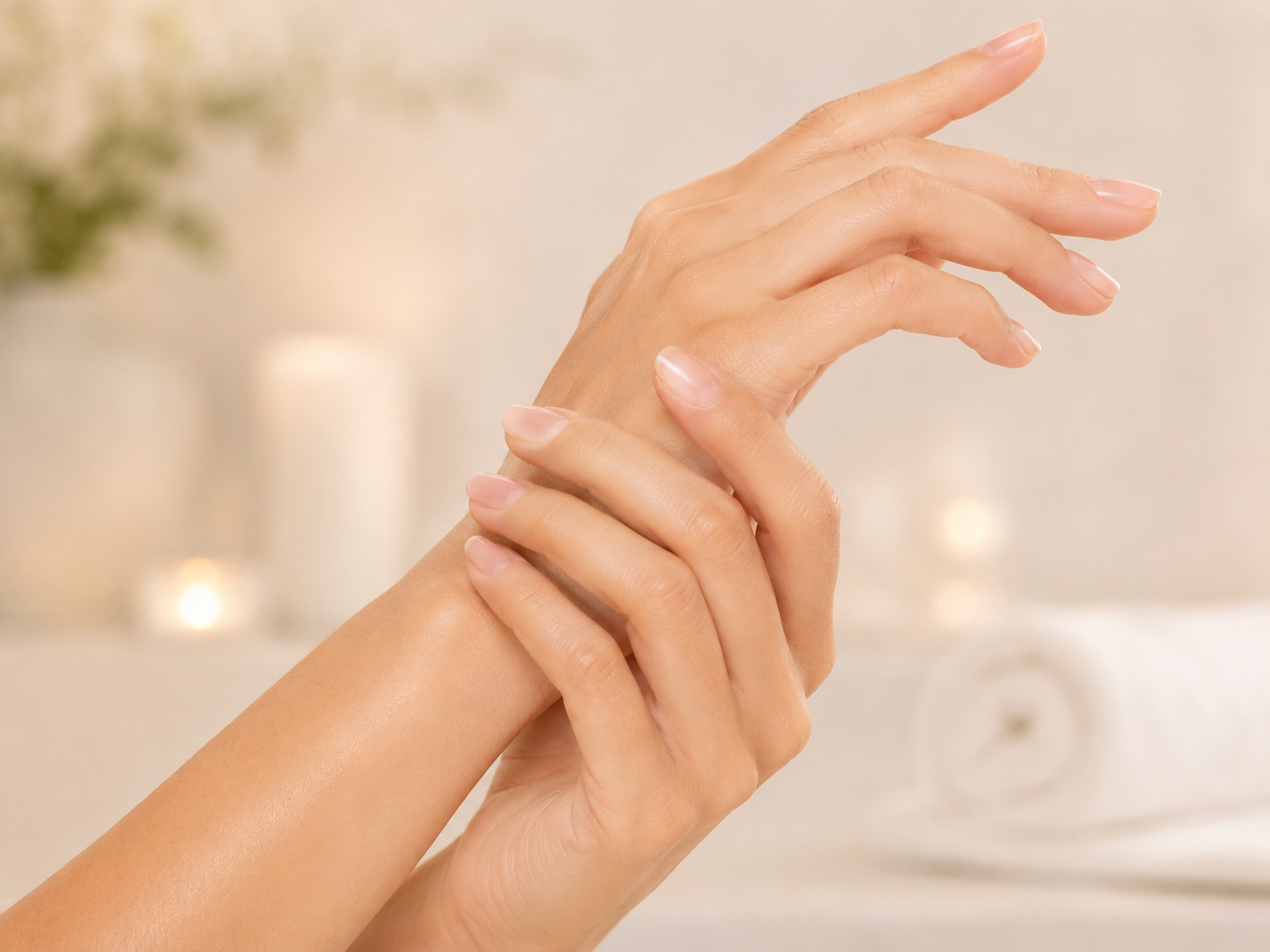 Hands Close-up of smooth, well-moisturised hands with neatly manicured nails.