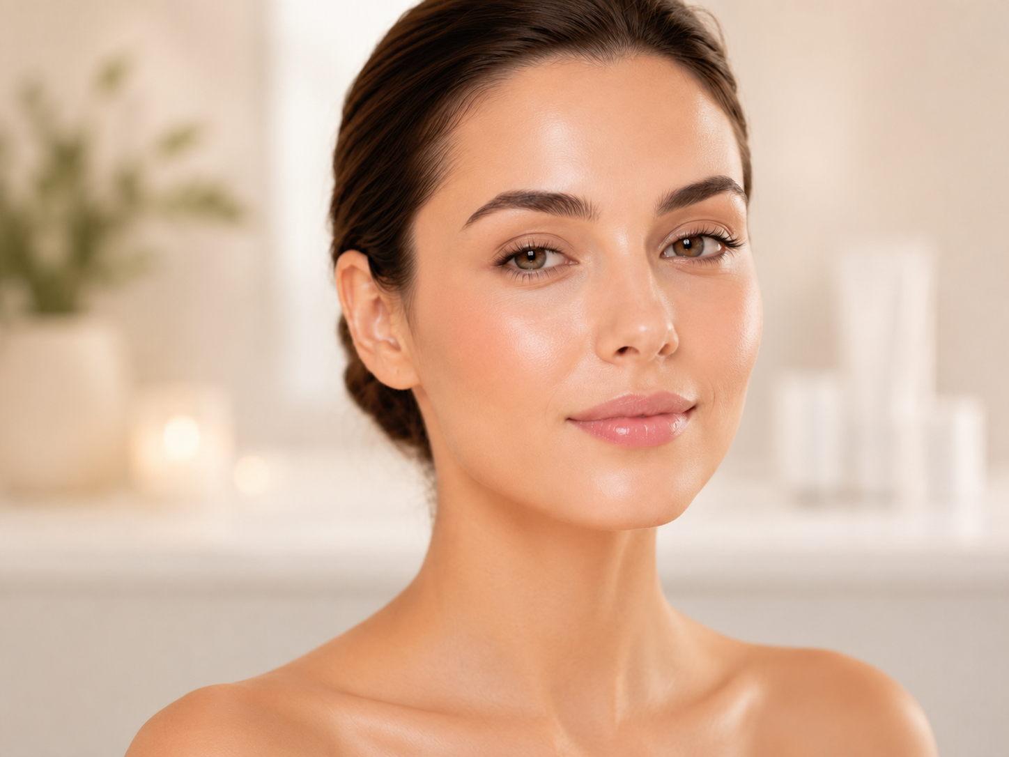 Full Face Woman with radiant, hydrated skin looking calmly at the camera.