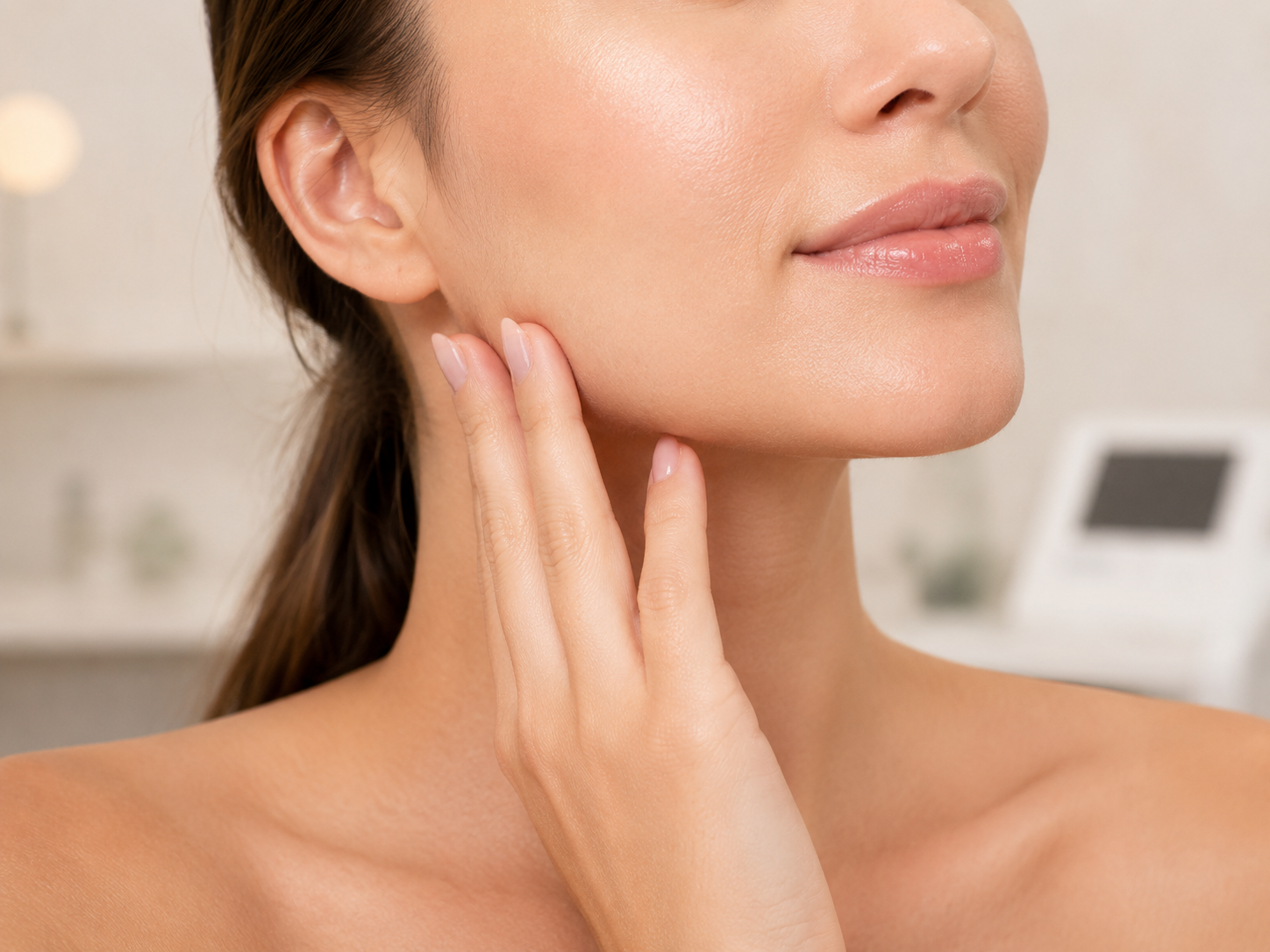 Face: Close-up of a woman gently touching her cheek and jaw, highlighting smooth facial skin.