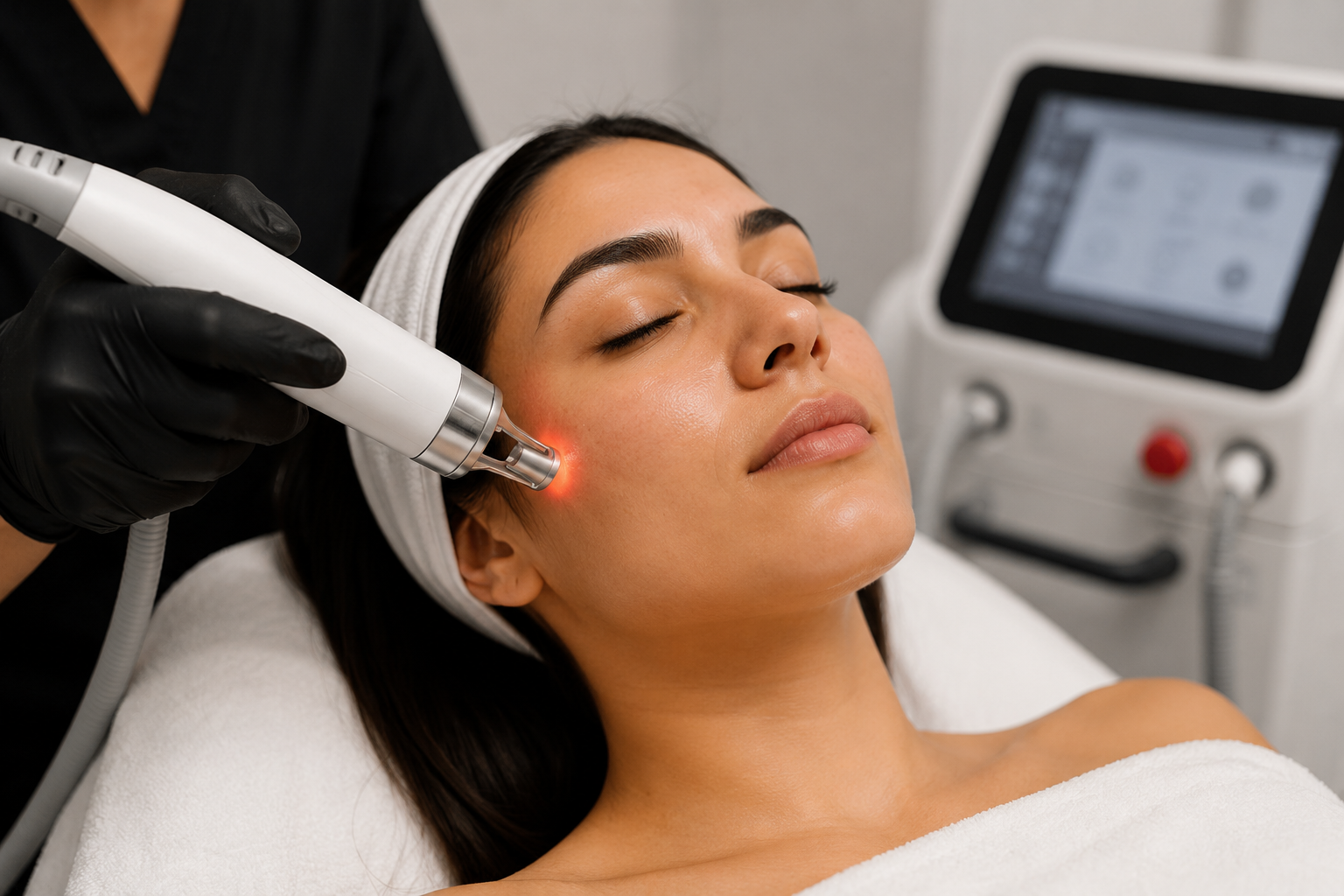 Clinician performing a facial laser treatment on a woman in a professional cosmetic clinic.