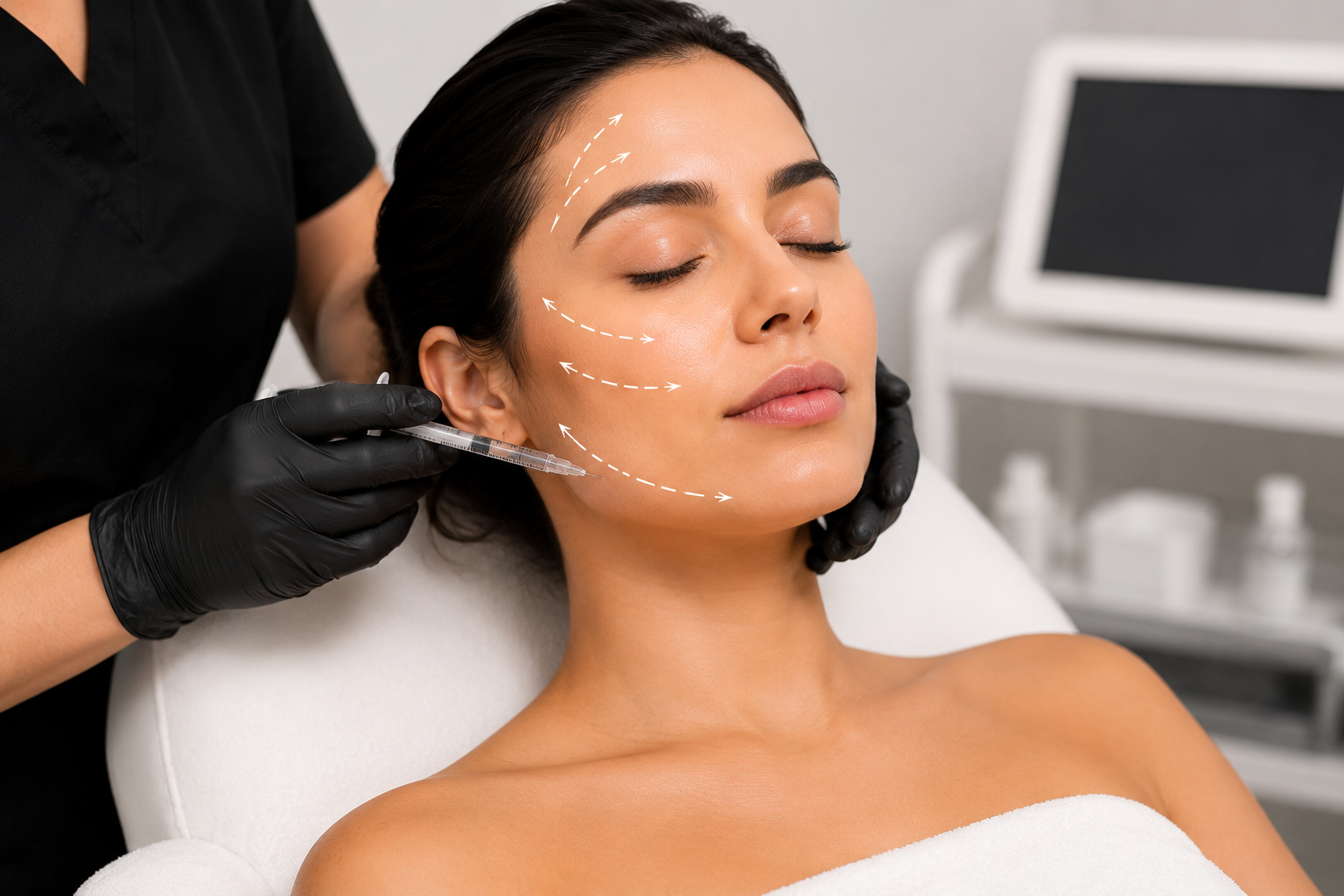 Clinician performing a non-surgical facial contouring injection along a woman’s jawline in a cosmetic clinic.