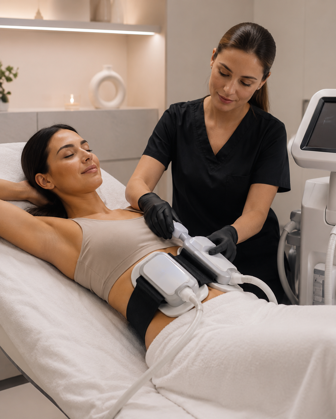 Clinician performing a non-invasive body sculpting treatment on a woman’s abdomen using contouring device applicators in a cosmetic clinic.