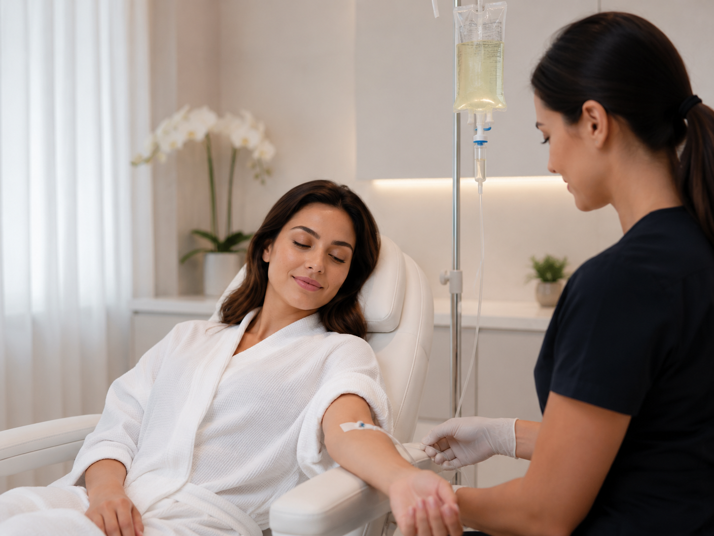 Patient receiving supervised IV nutrient therapy while relaxing in a modern cosmetic clinic.