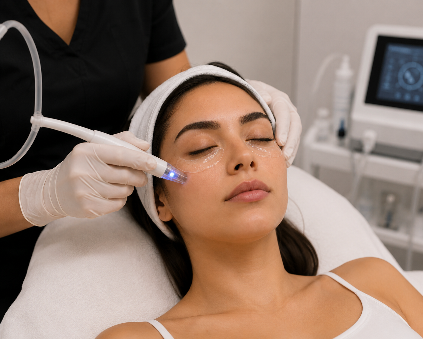 Clinician performing an under-eye rejuvenation treatment on a woman in a modern cosmetic clinic.