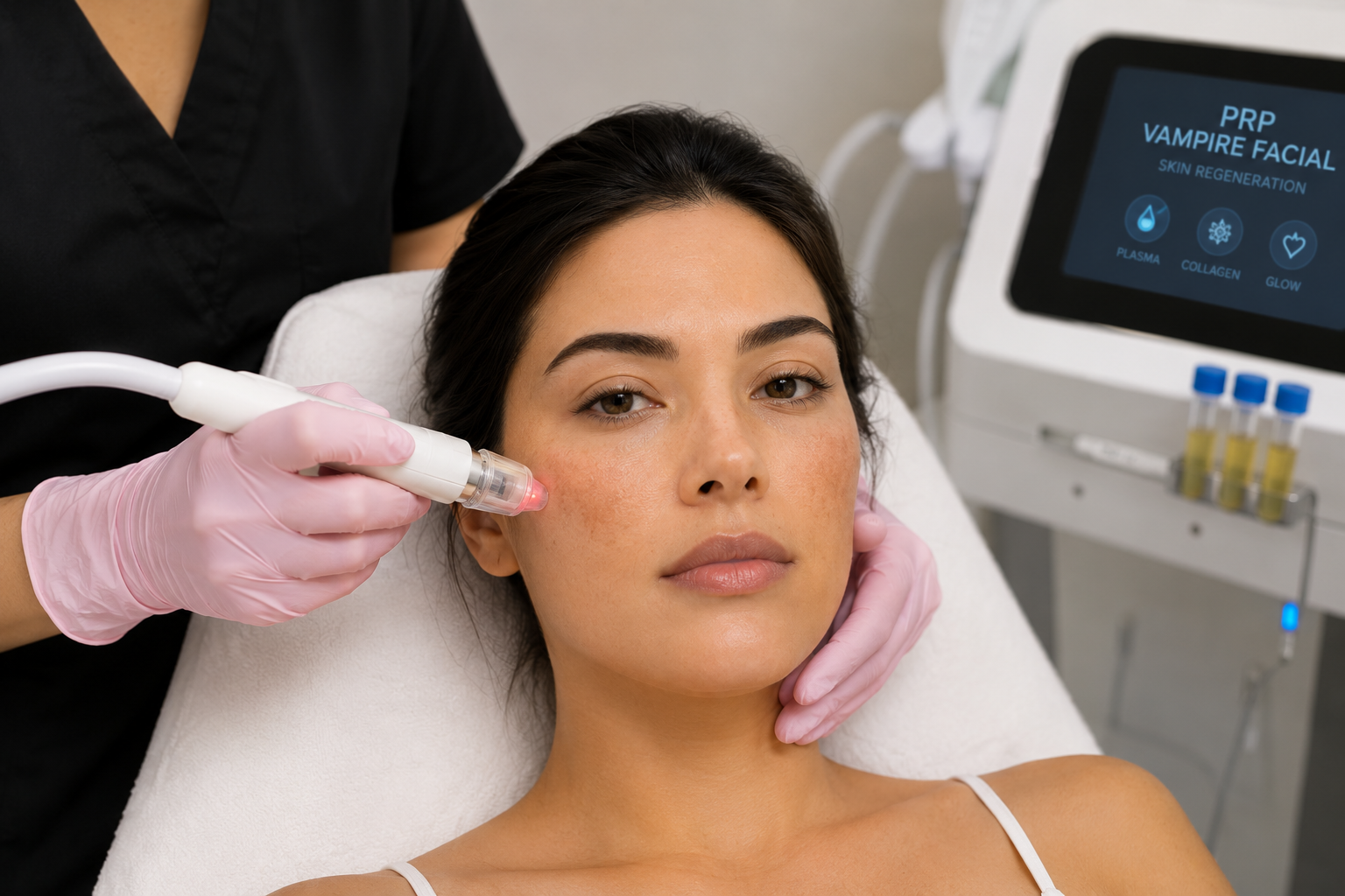 Clinician performing a PRP vampire facial treatment on a woman’s cheek using a microneedling device in a cosmetic clinic.