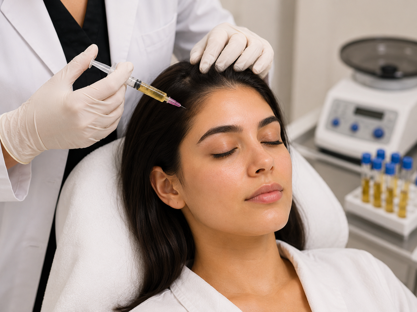 Clinician administering a PRP hair restoration injection into a woman’s scalp in a professional cosmetic clinic.