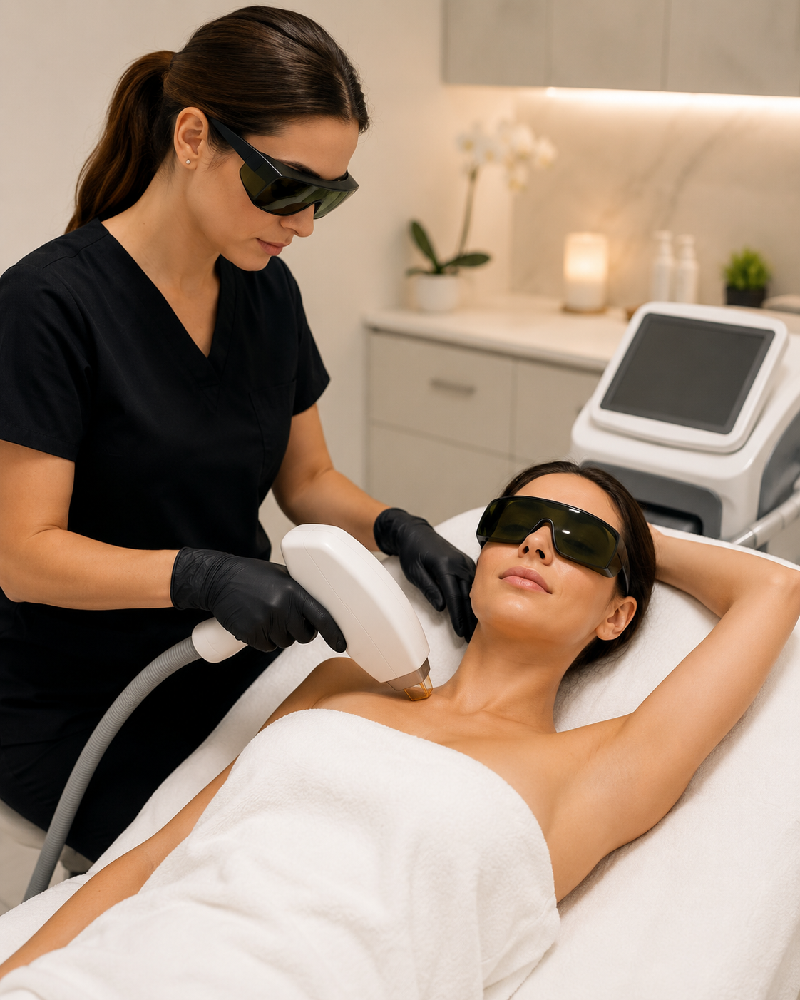 Clinician performing laser hair removal on a woman’s underarm using a medical-grade laser device in a modern cosmetic clinic.