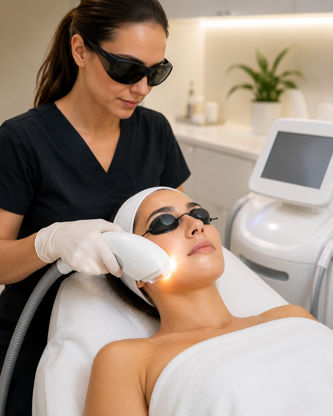 Clinician performing an IPL facial treatment on a woman’s cheek using an intense pulsed light device in a cosmetic clinic.