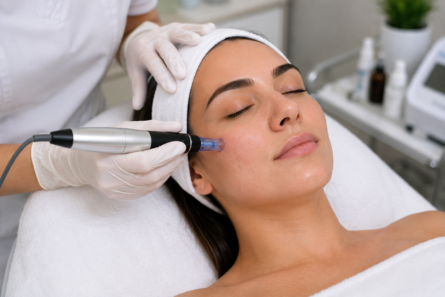 Clinician performing a microneedling treatment on a woman’s cheek using a professional dermapen device in a cosmetic clinic.