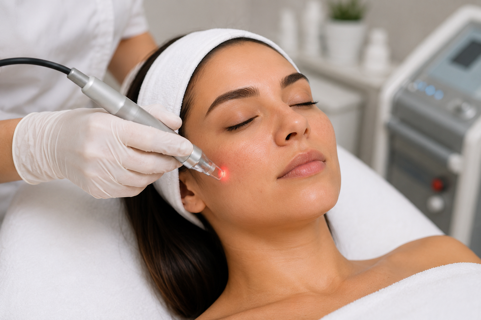 Clinician performing a CO2 laser skin resurfacing treatment on a woman’s cheek in a professional cosmetic clinic.