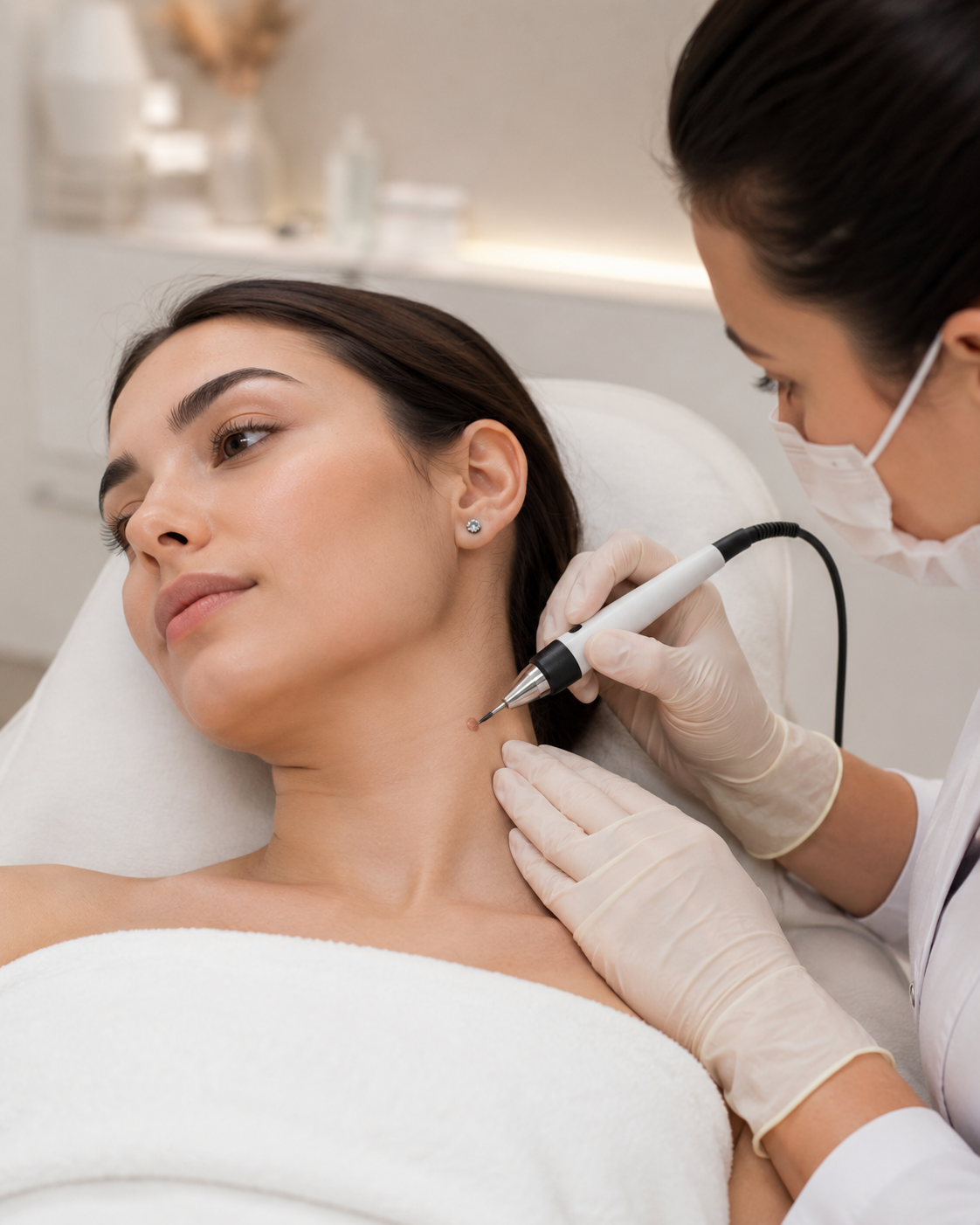 Clinician removing a skin tag from a woman’s neck using a precision cautery device in a cosmetic clinic.