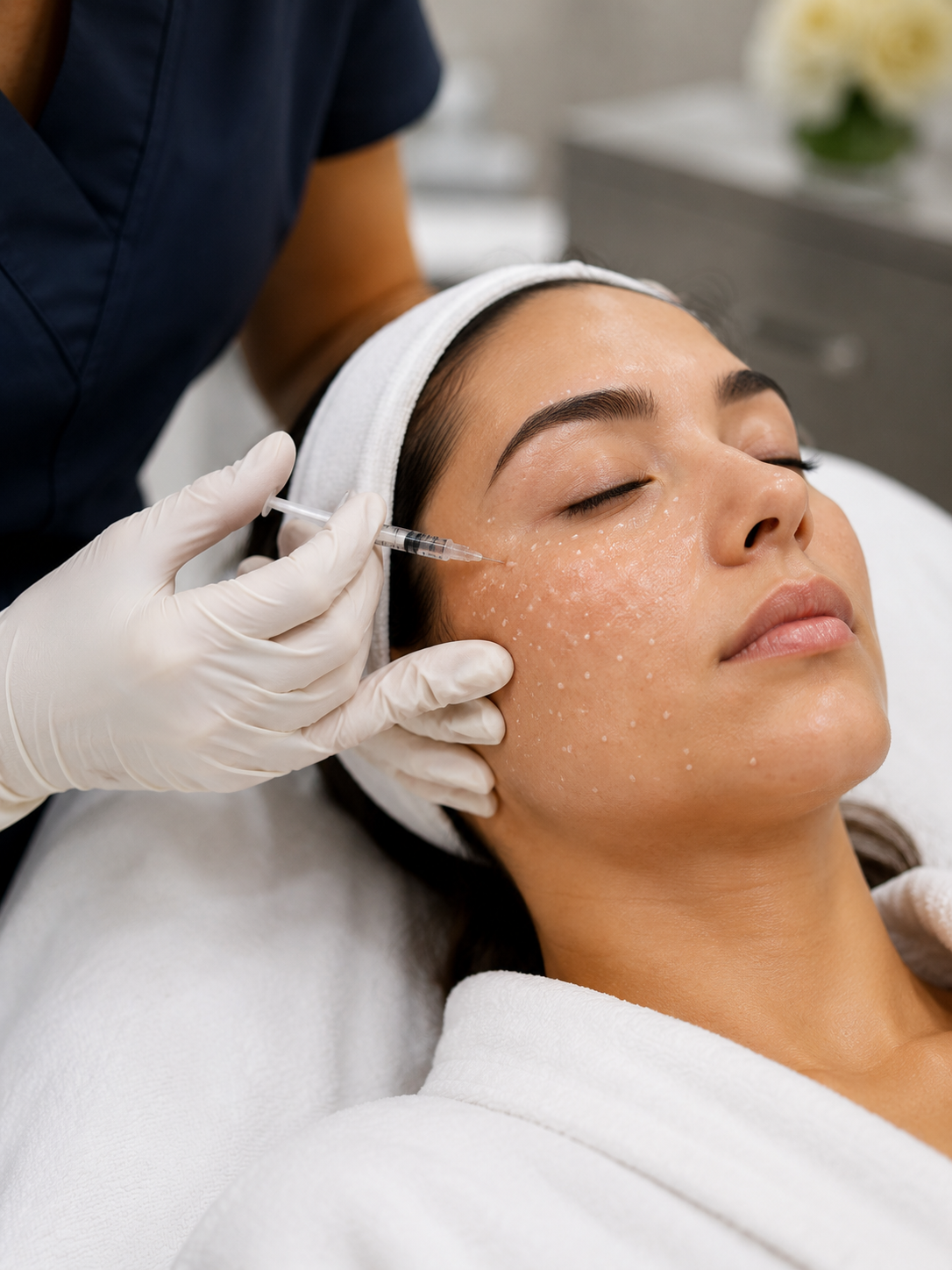 Clinician administering Rejuran polynucleotide micro-injections to a woman’s cheek in a professional cosmetic clinic.