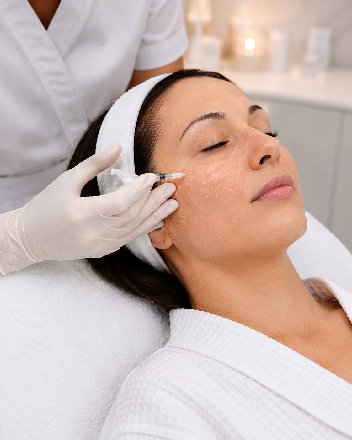 Fine Lines & Wrinkles: Clinician administering Rejuran micro-injections to soften fine lines and wrinkles on a woman’s cheek.