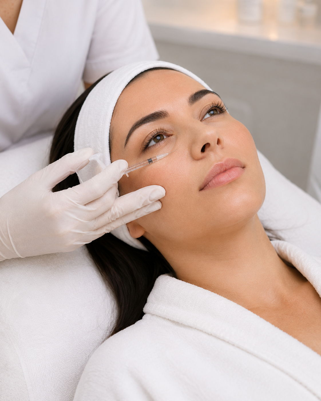 Under-Eye Rejuvenation: Clinician performing Rejuran injections beneath a woman’s eye to improve thin skin and fine lines.