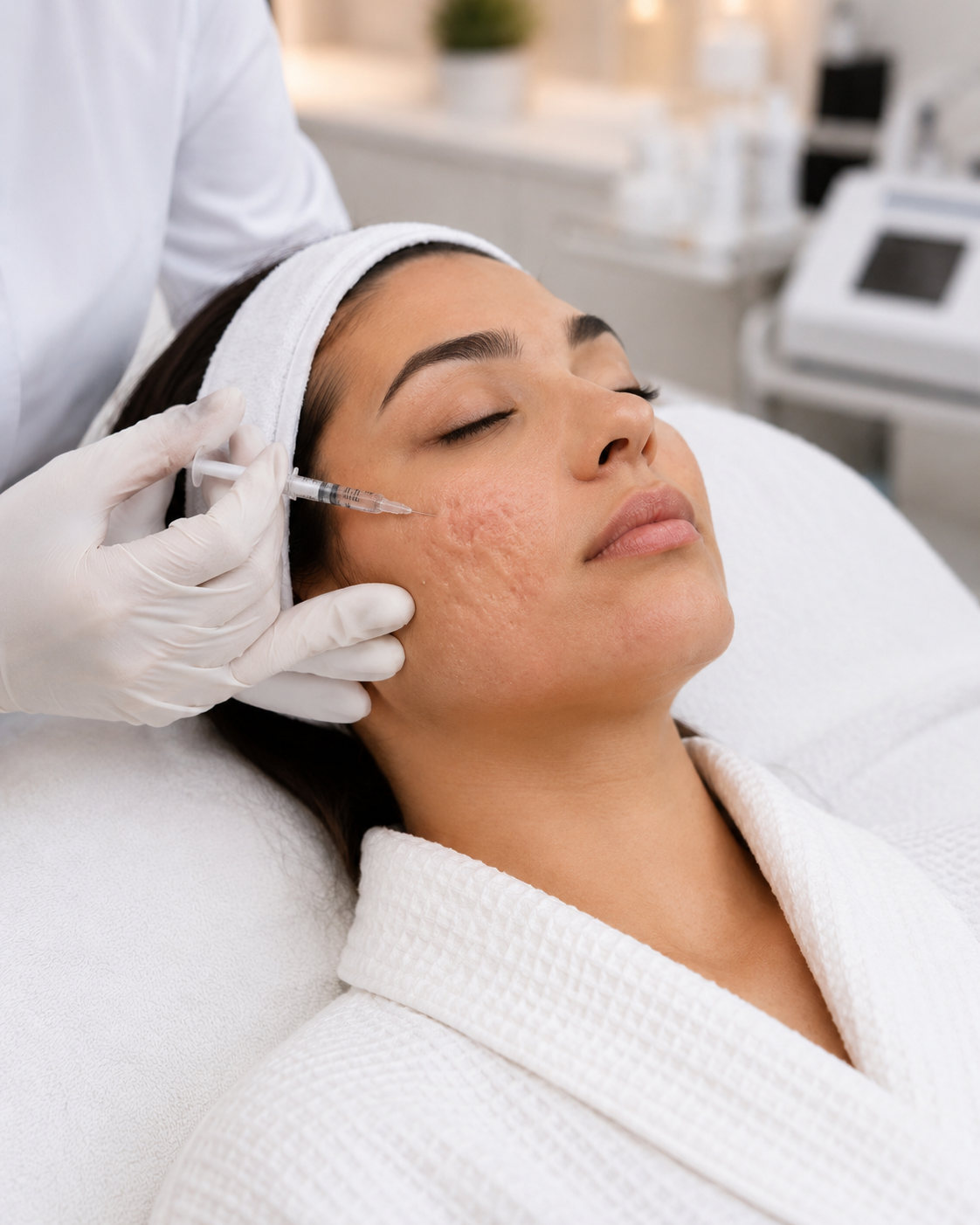 Acne & Scar Treatment: Clinician administering Rejuran treatment to a woman’s cheek affected by acne scarring.