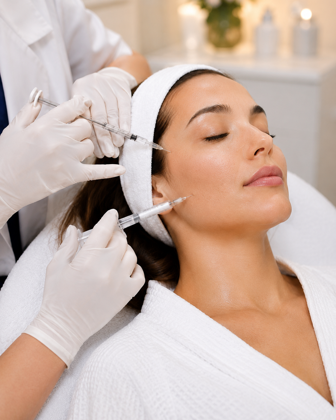 Skin Texture & Elasticity: Clinician performing facial Rejuran injections to improve skin texture, firmness and elasticity.