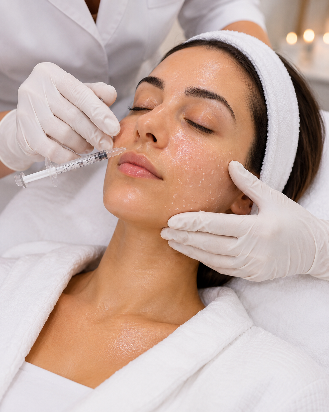 Dehydration & Dullness: Clinician administering Rejuran injections to hydrate and refresh a woman’s dull-looking skin.