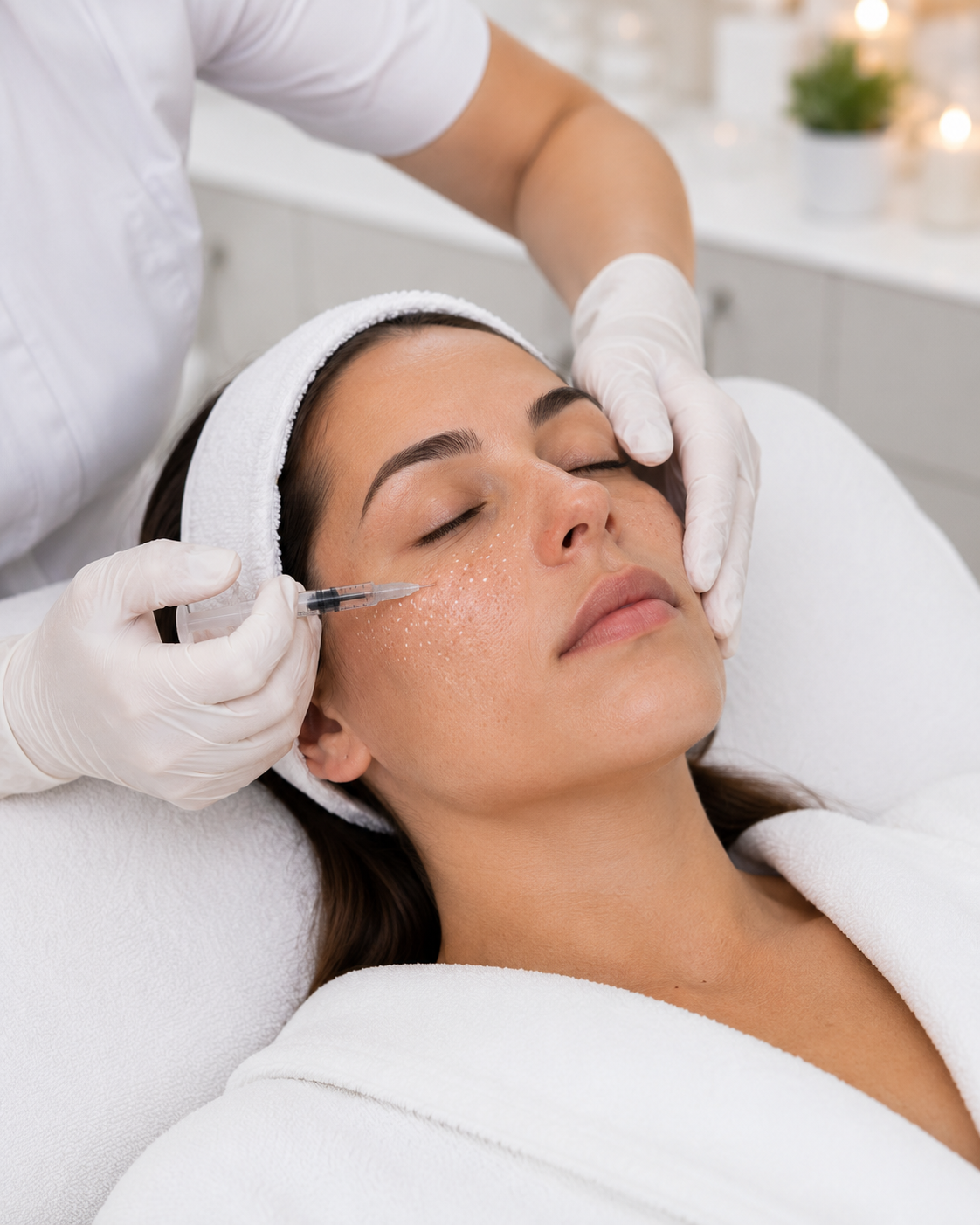 Enlarged Pores: Clinician performing Rejuran micro-injections on a woman’s cheek to reduce the appearance of enlarged pores.