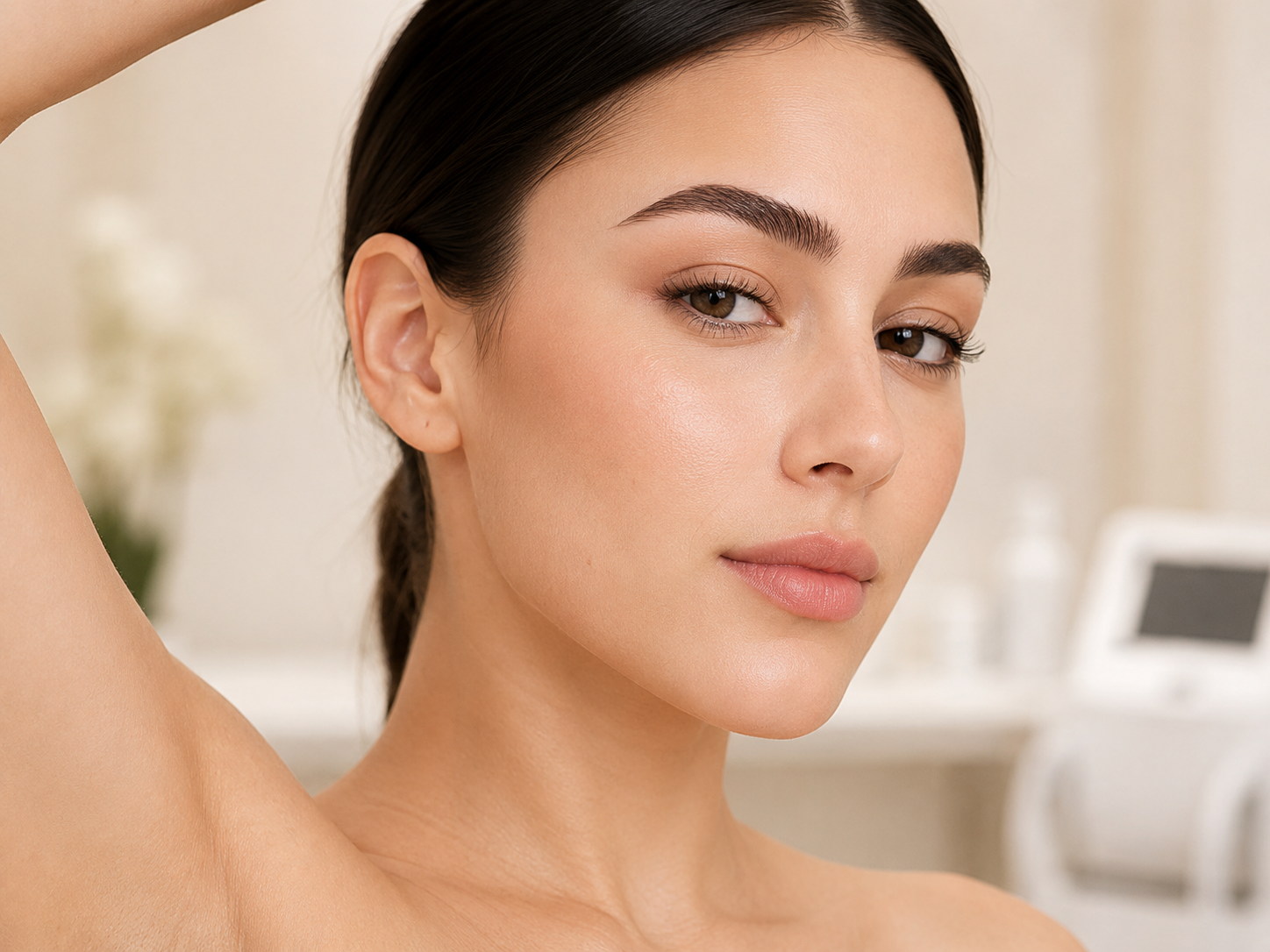 Brow: Close-up of a woman highlighting her smooth forehead and lifted brow area.