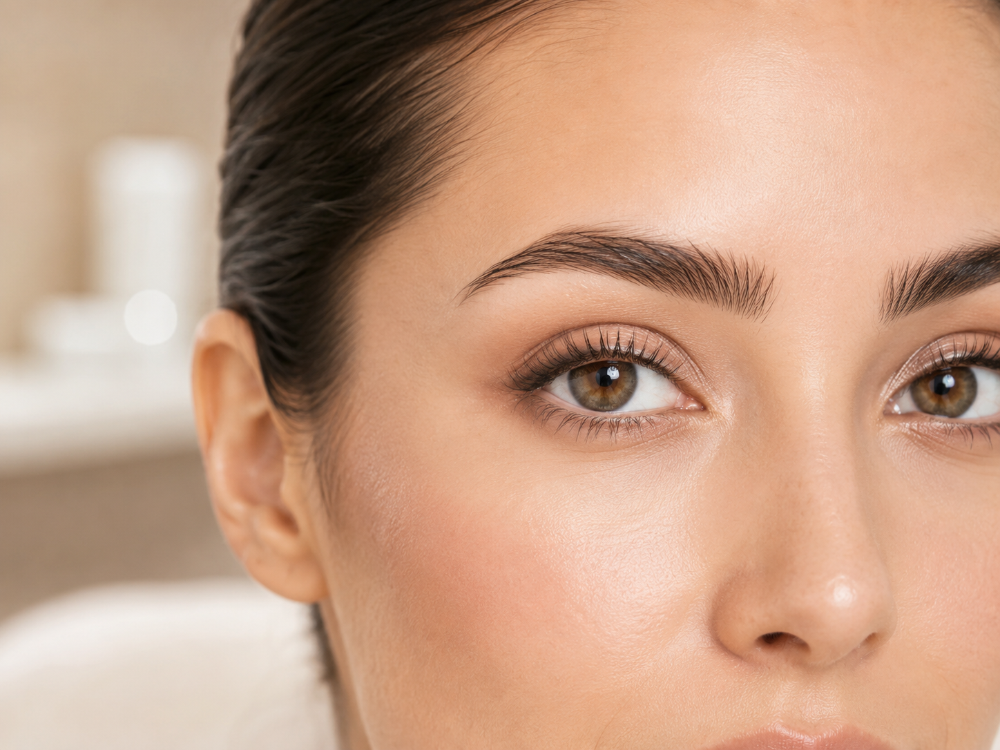 Eyes: Close-up of a woman’s eyes and surrounding skin with a bright, refreshed appearance.