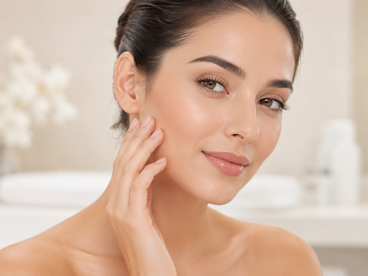 Cheeks: Woman gently touching her cheek, highlighting smooth skin and lifted facial contours.