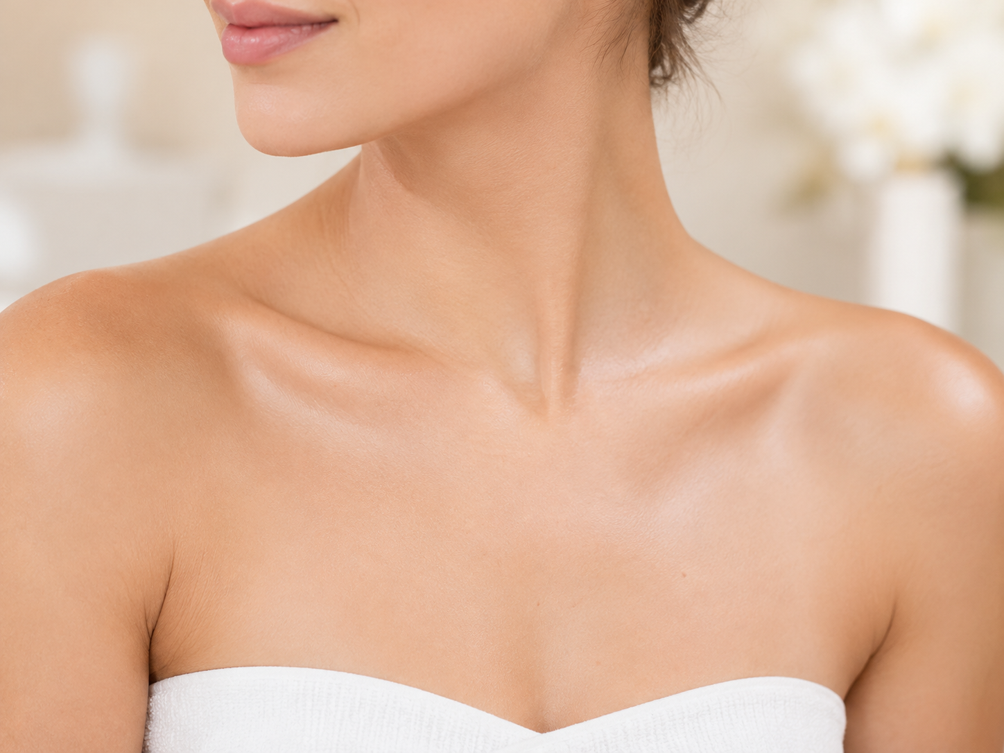 Décolletage: Close-up of a woman’s neck, collarbones, shoulders, and upper chest with smooth, radiant skin.
