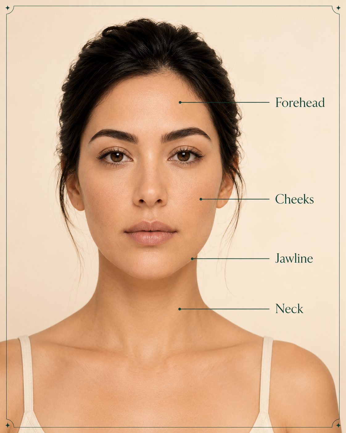 Front-facing portrait of a woman with callout lines identifying the forehead, cheeks, jawline, and neck as common areas affected by skin sagging.