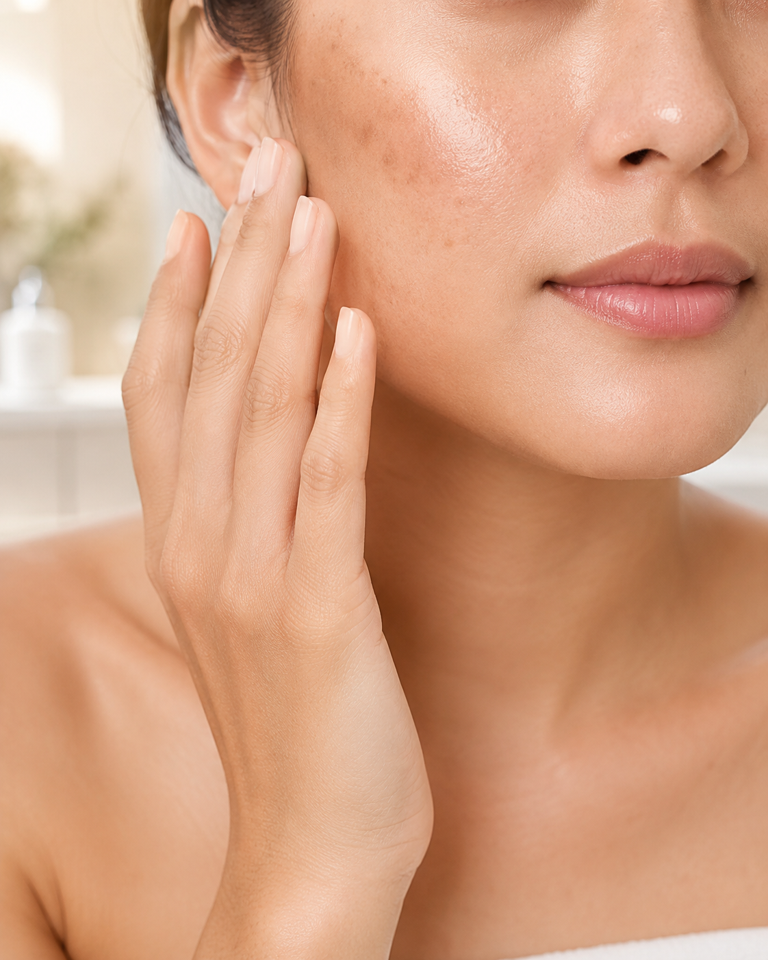 Cheeks: Close-up of a woman gently touching her cheek, showing natural skin texture and mild pigmentation.
