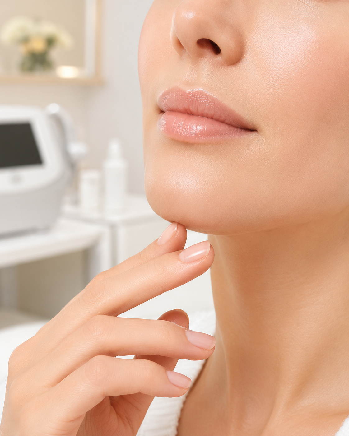 Upper Lip and Chin: Close-up of a woman’s upper lip and chin area in a bright aesthetic clinic setting