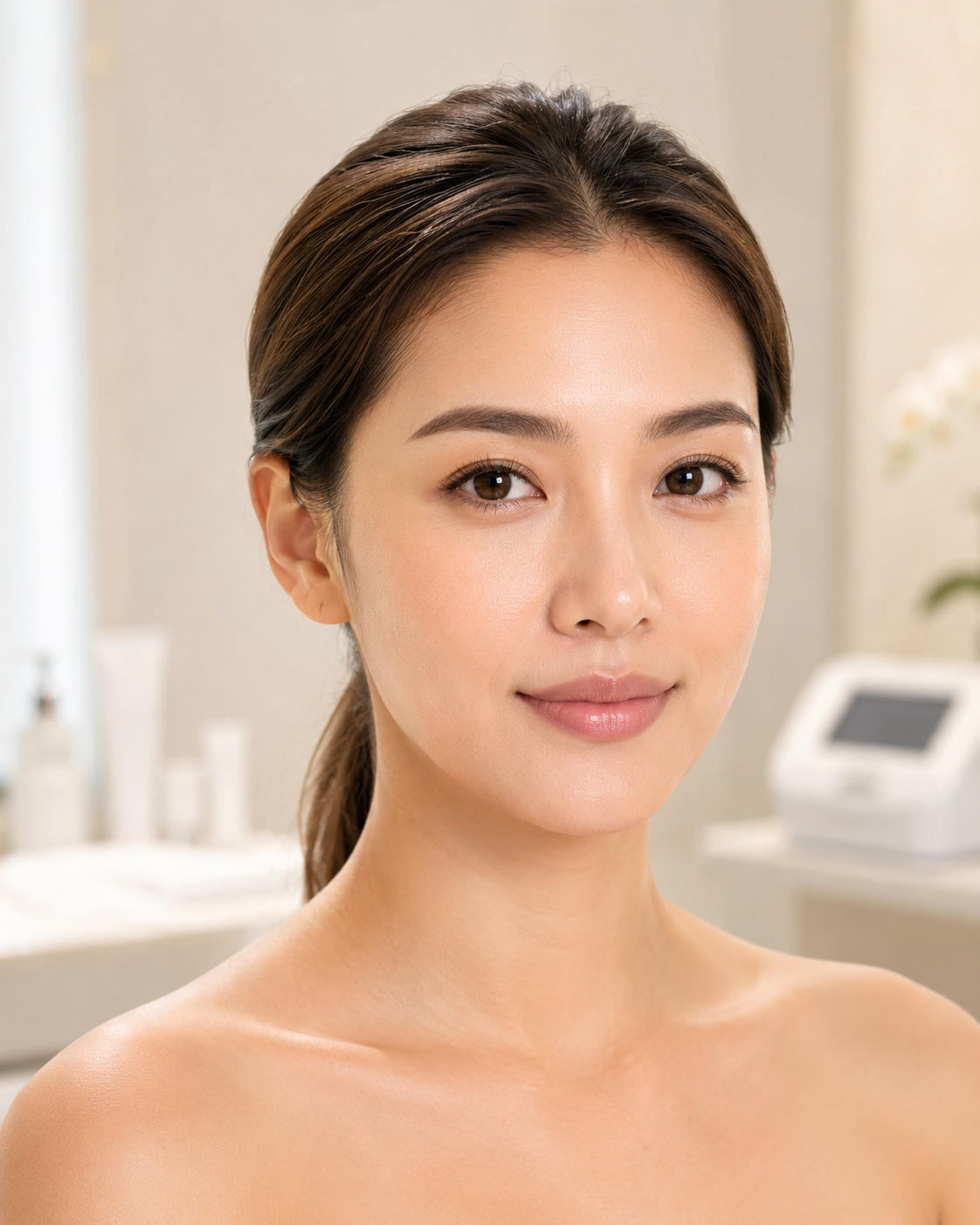 Full Face: Portrait of a woman with clear, radiant skin in a professional skincare clinic
