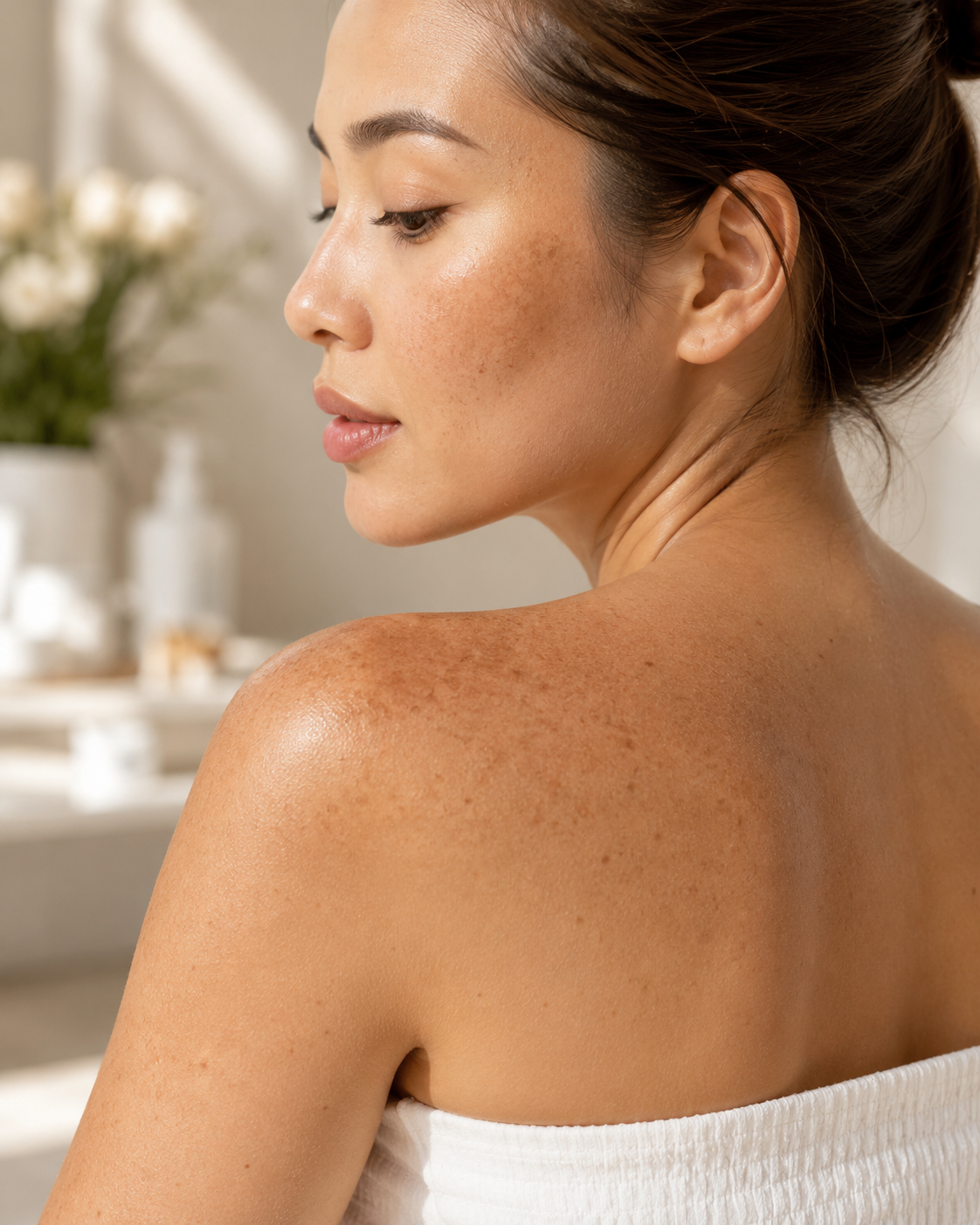 Sun-Induced Pigmentation: Side view of a woman showing visible sun-related pigmentation across her cheek, shoulder, and upper back.