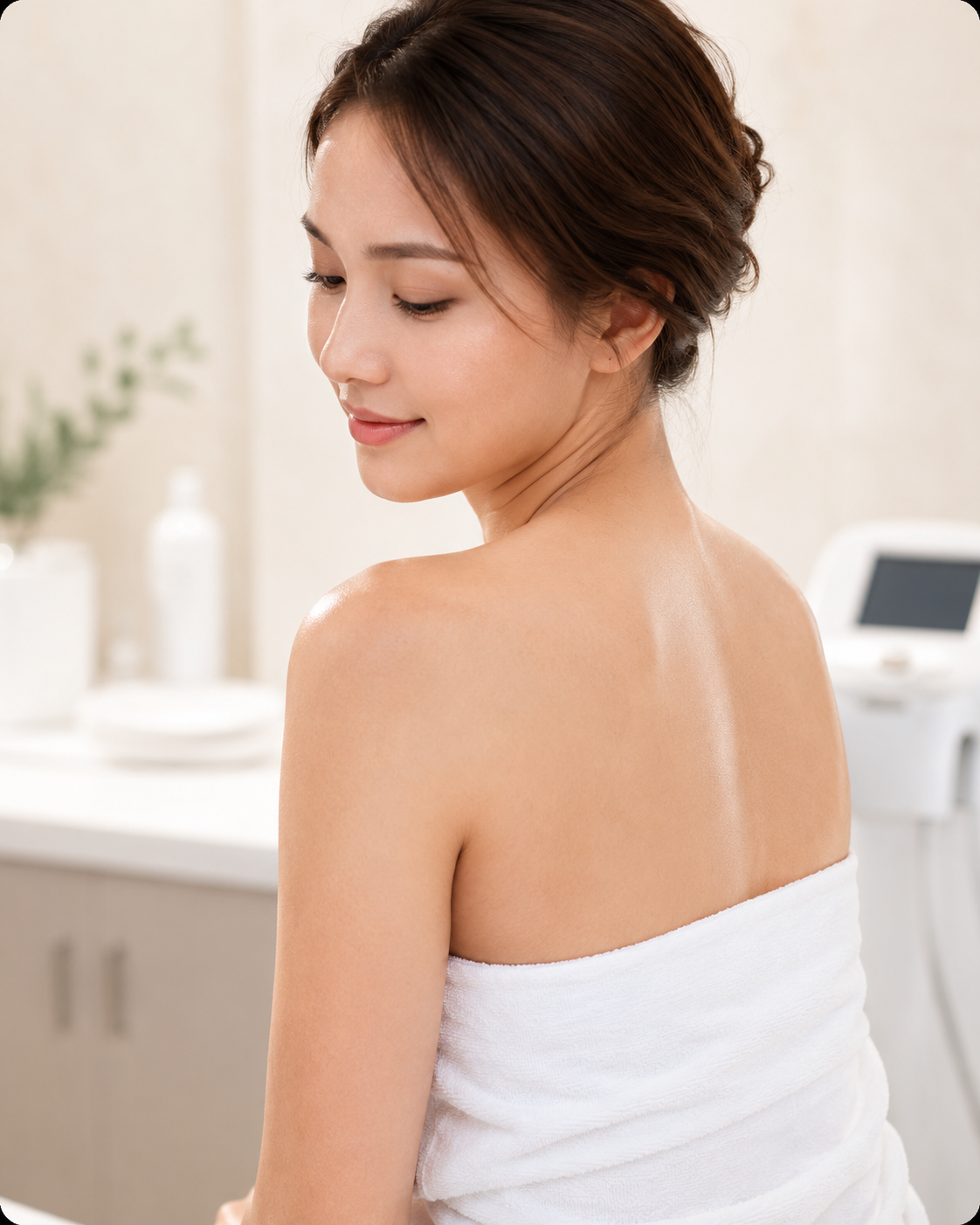 Ongoing Maintenance: Relaxed woman wrapped in a white towel during an ongoing skincare maintenance visit.