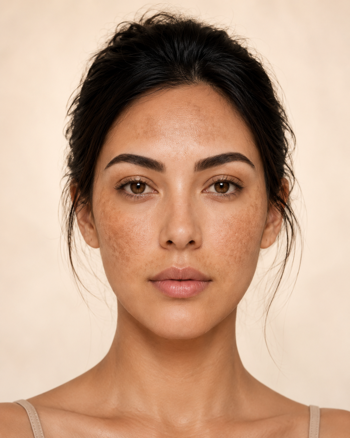Front-facing portrait of a woman with visible melasma pigmentation across her forehead, cheeks, and upper lip against a soft neutral background.