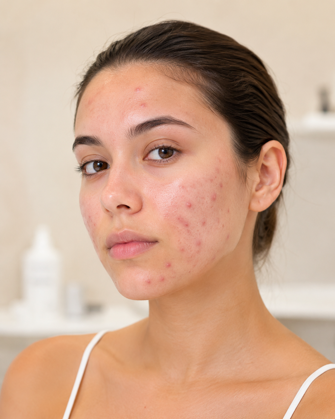 Active Breakouts: Young woman with visible active acne across her forehead, cheeks, and chin in a softly lit skincare clinic.
