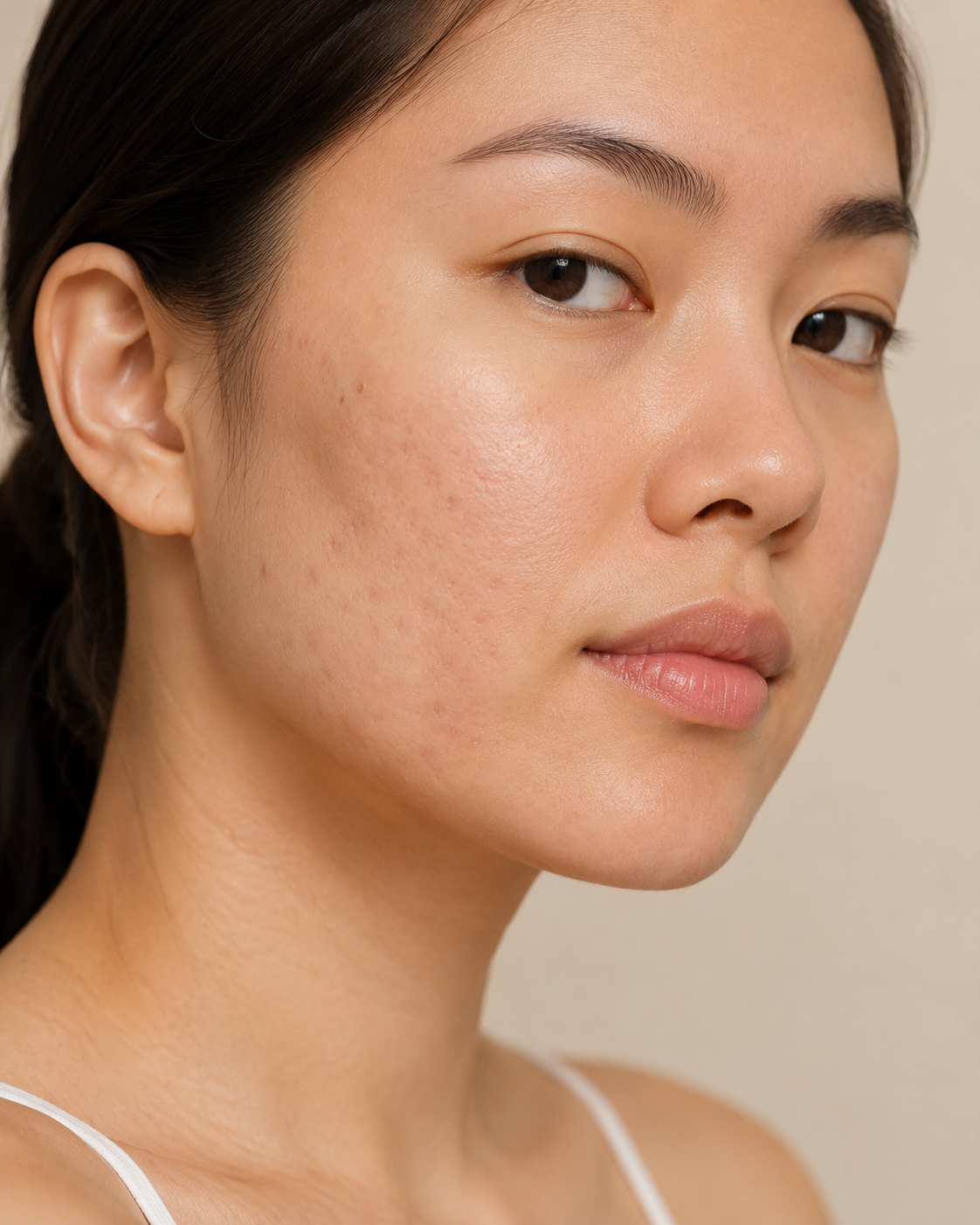Acne Scarring: Close-up portrait showing post-acne scarring and uneven skin texture on a woman’s cheek.