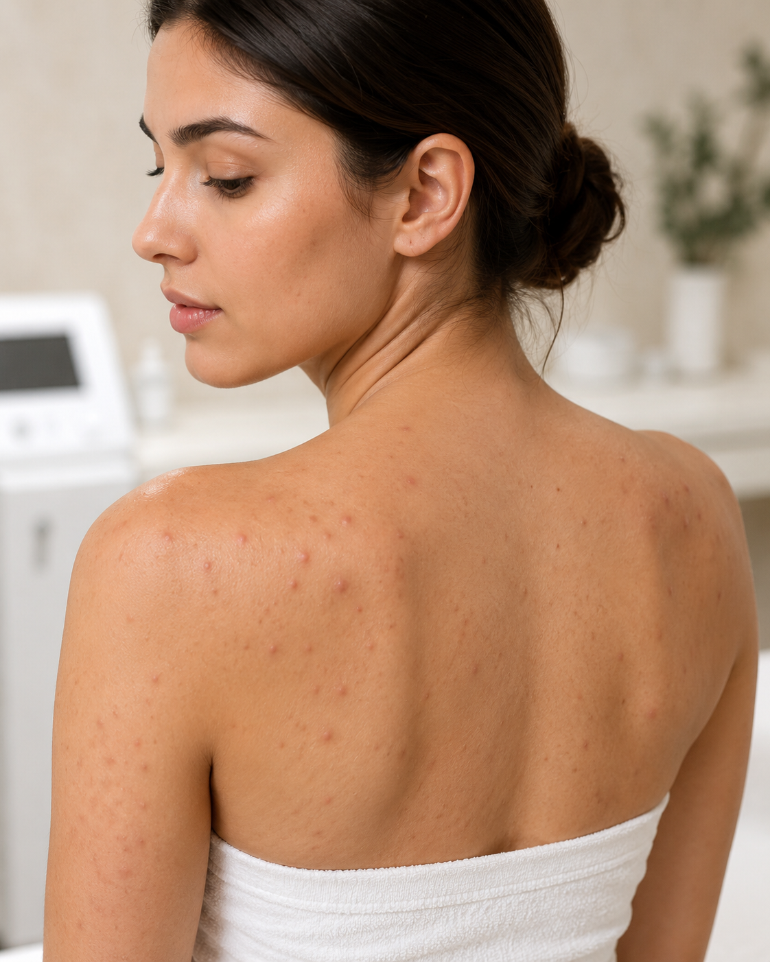 Back and Body Acne: Woman with visible acne across her upper back and shoulders in a clinical skincare setting.