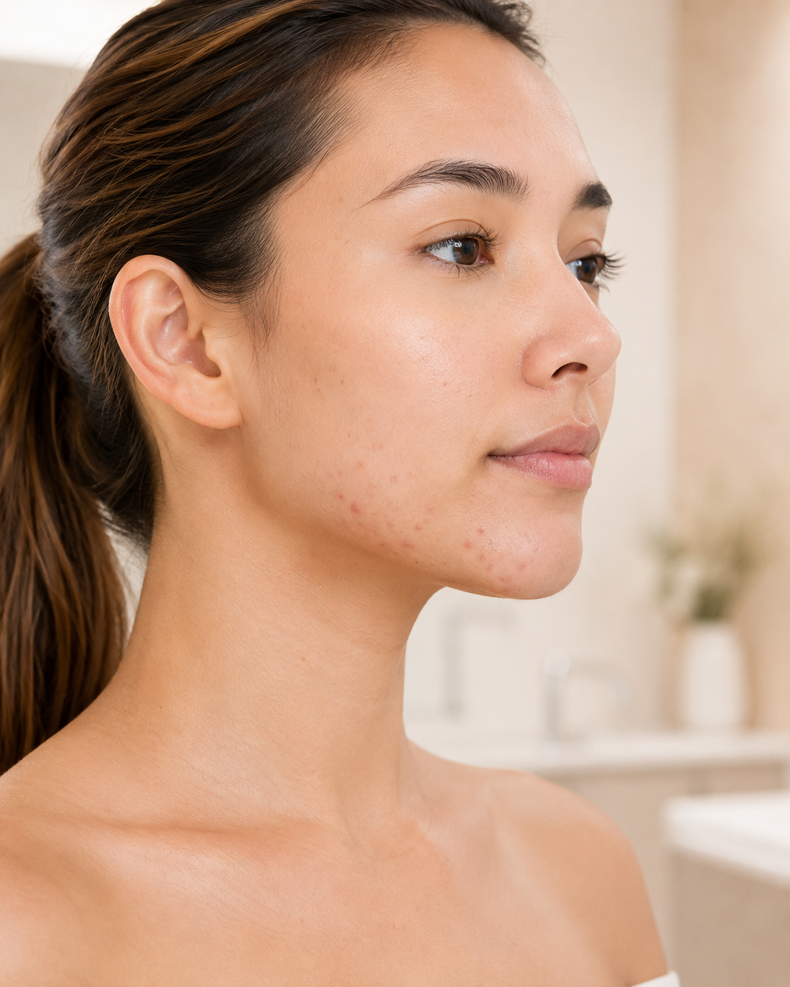 Hormonal Acne: Side portrait of a woman with acne concentrated along the jawline, chin, and lower cheek.