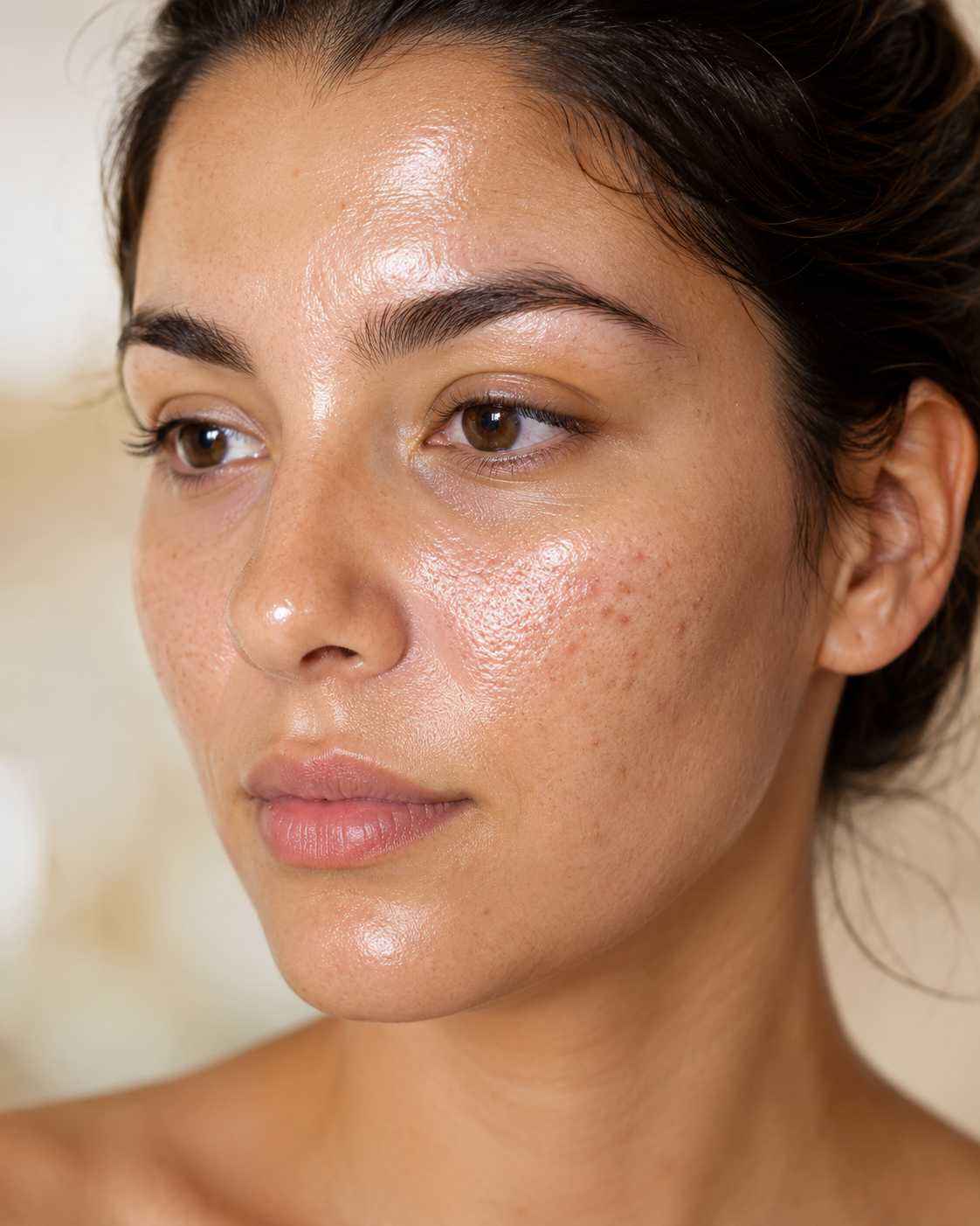 Oily and Congested Skin: Close-up of a woman with shiny skin, enlarged pores, and mild congestion across her face.