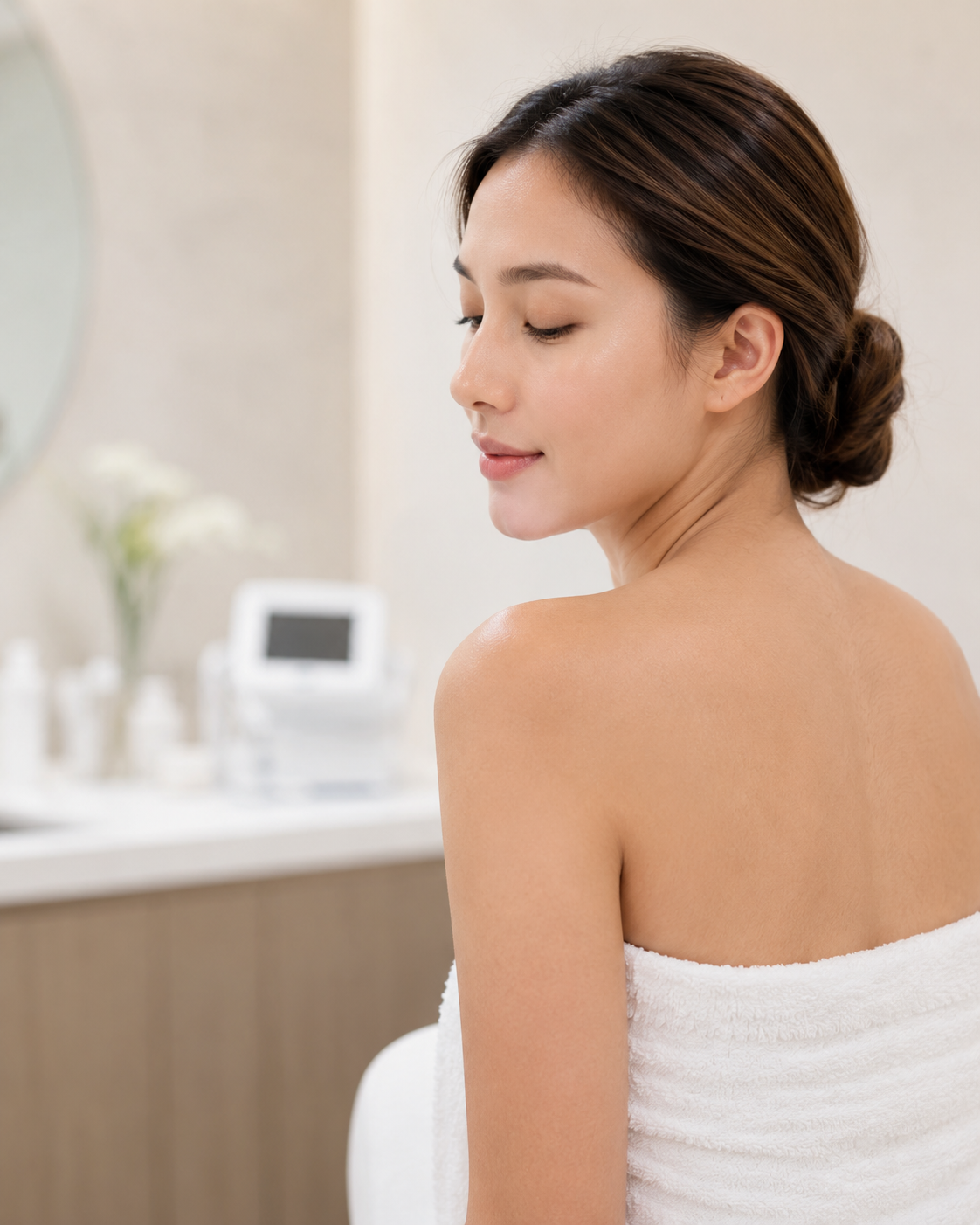 Ongoing Maintenance: Relaxed woman wrapped in a white towel with clear, healthy-looking skin during ongoing skincare care.