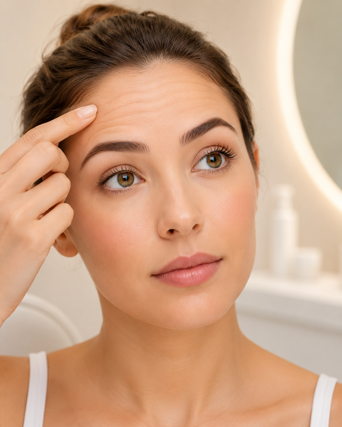 Forehead Lines: Woman gently touching her forehead, showing subtle horizontal forehead lines in a softly lit skincare clinic.