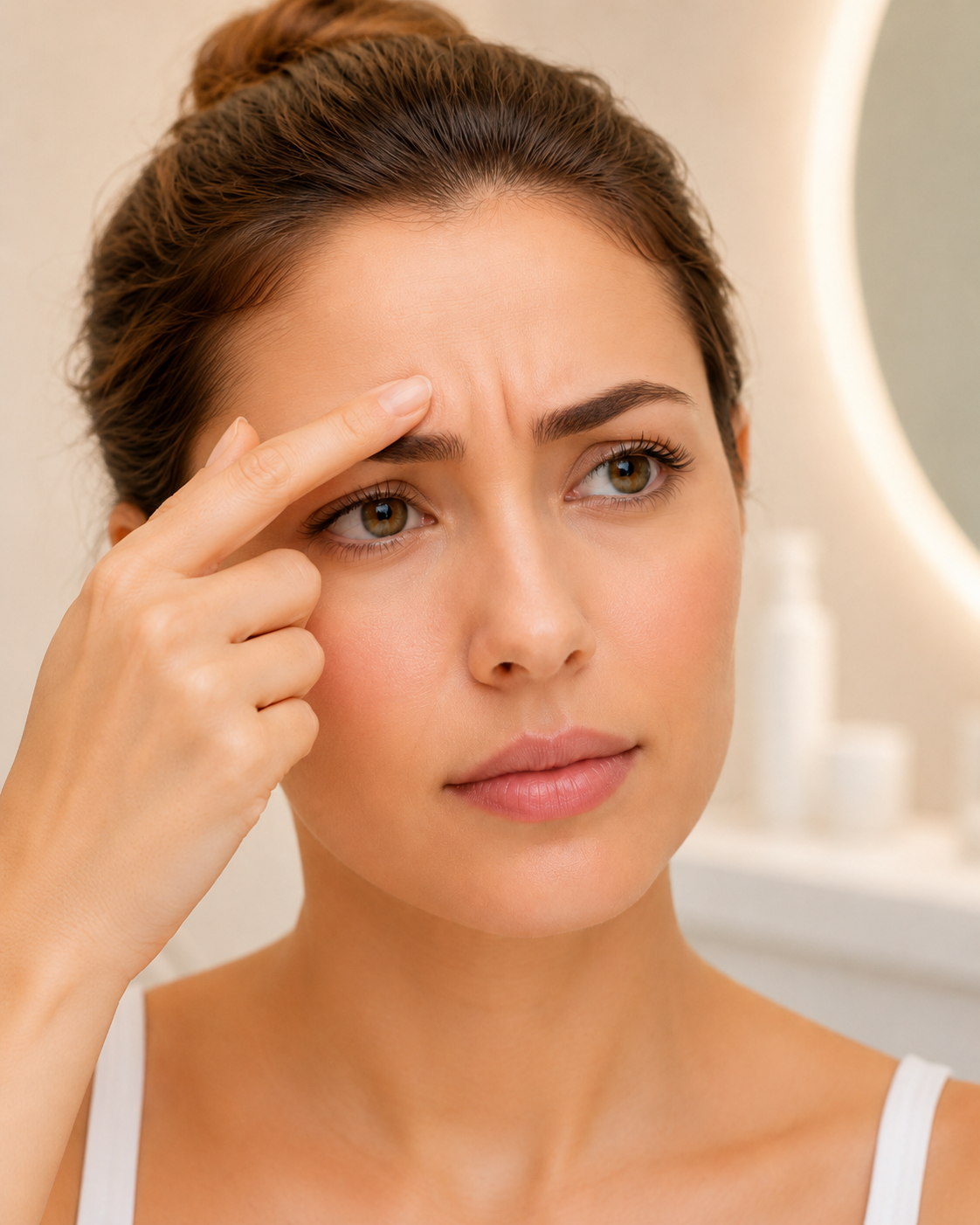 Frown Lines: Woman pointing between her eyebrows, highlighting visible vertical frown lines.