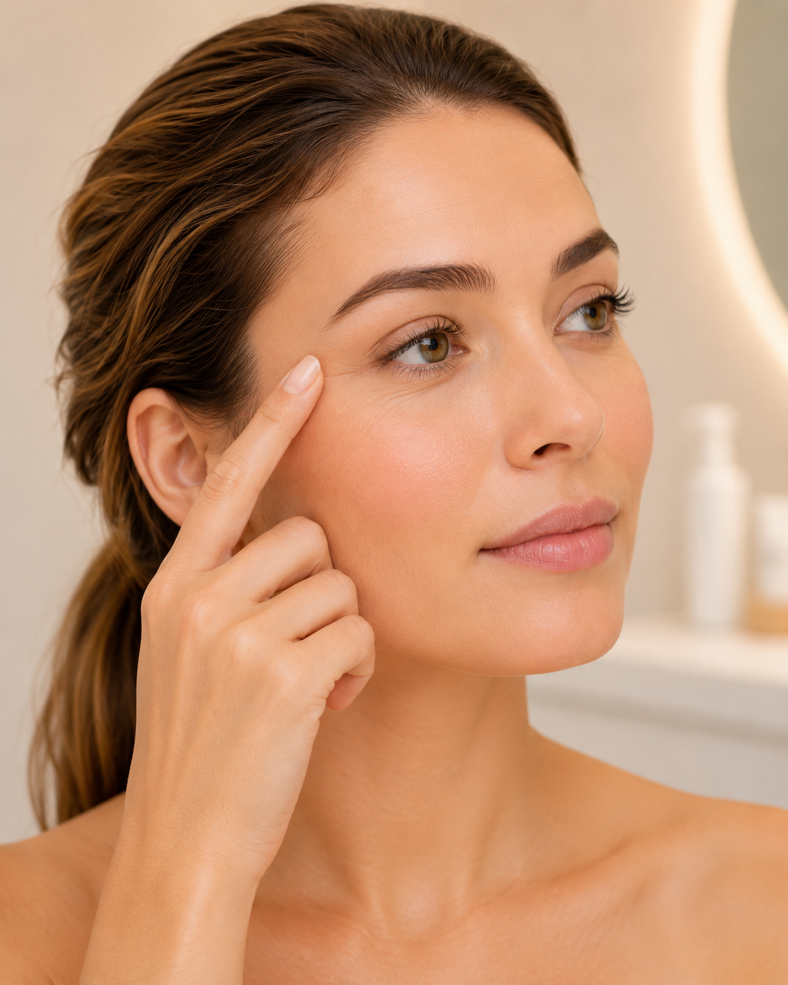 Crow’s Feet: Woman touching the outer corner of her eye, showing fine lines around the eye area.