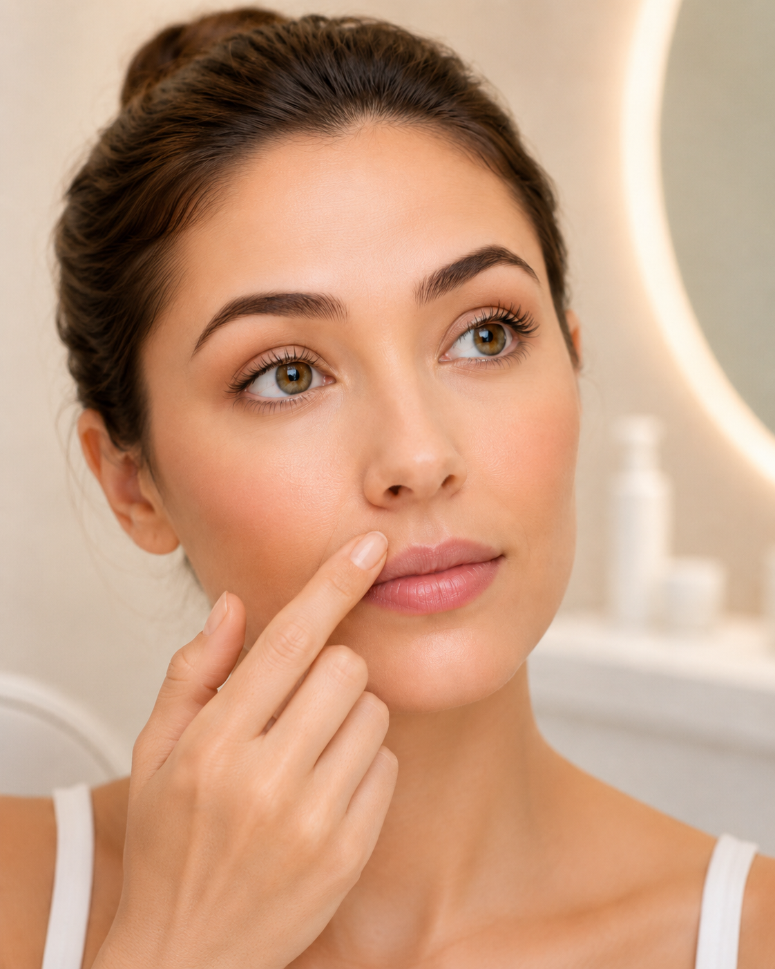 Lip Lines: Woman touching her upper lip, highlighting fine vertical lines around the mouth.